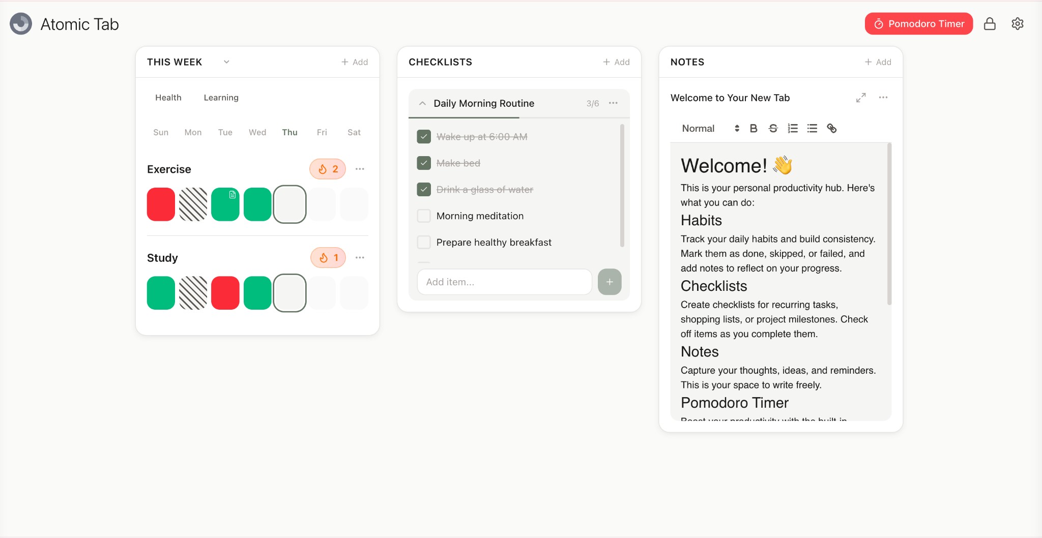 Atomic Tab — habit tracking, checklists, notes, and Pomodoro timer in your new tab