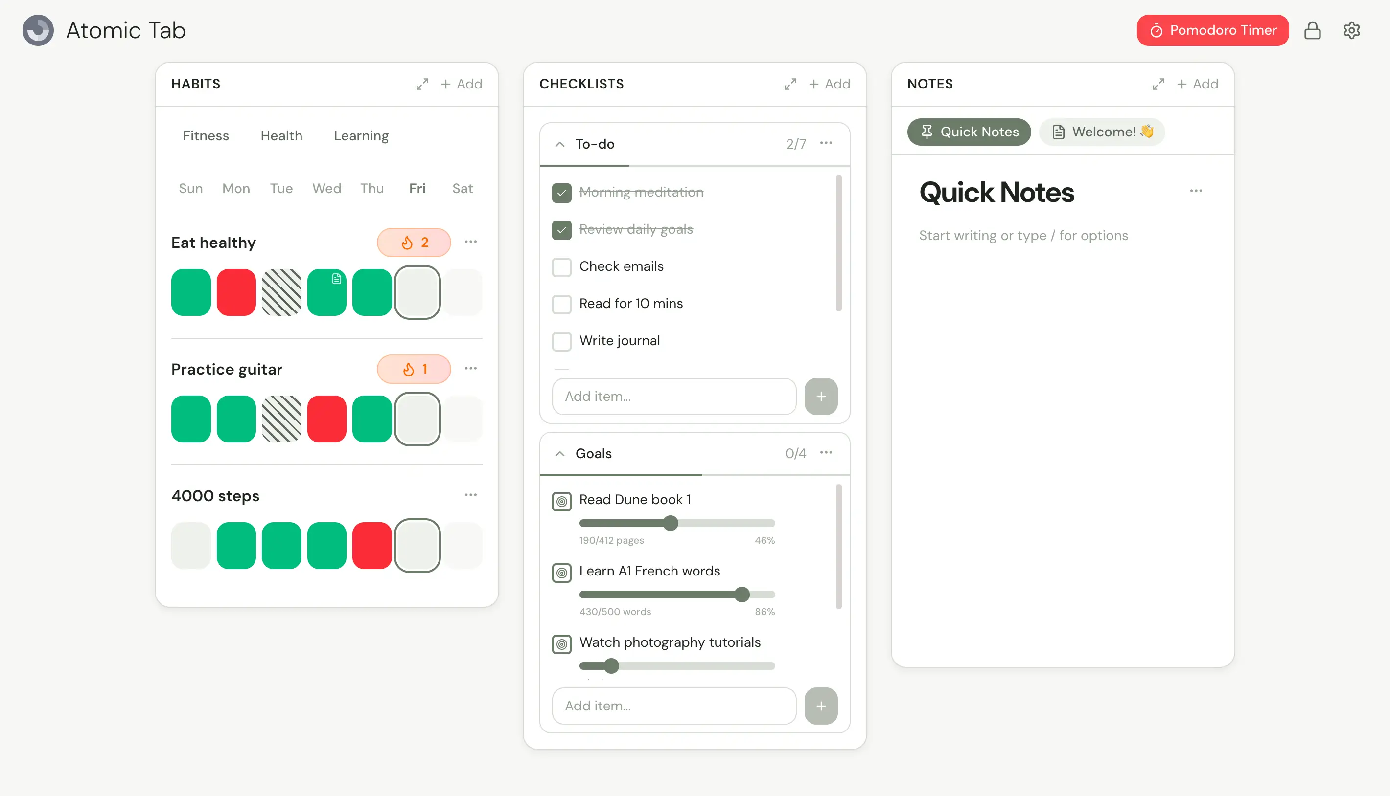 Atomic Tab — 새 탭에서 습관 트래커, 체크리스트, 메모, 뽀모도로 타이머 사용